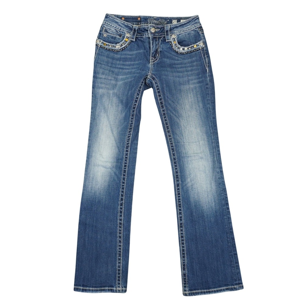 Miss Me Signature Bootcut Jeans Women 27 Blue Embellished Rhinestone Studded Y2K
